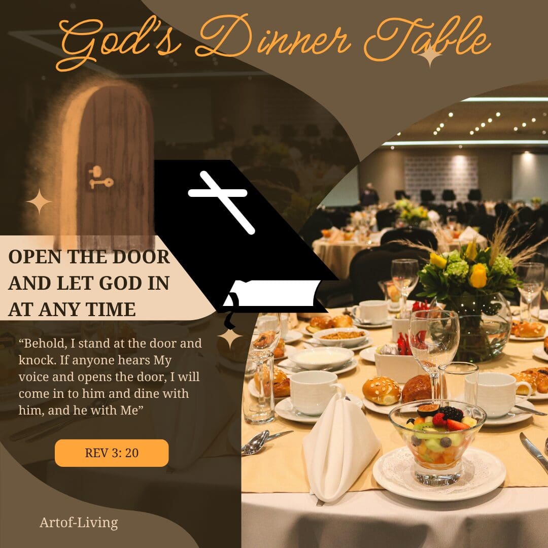 Formal dinner table with Bible and open door