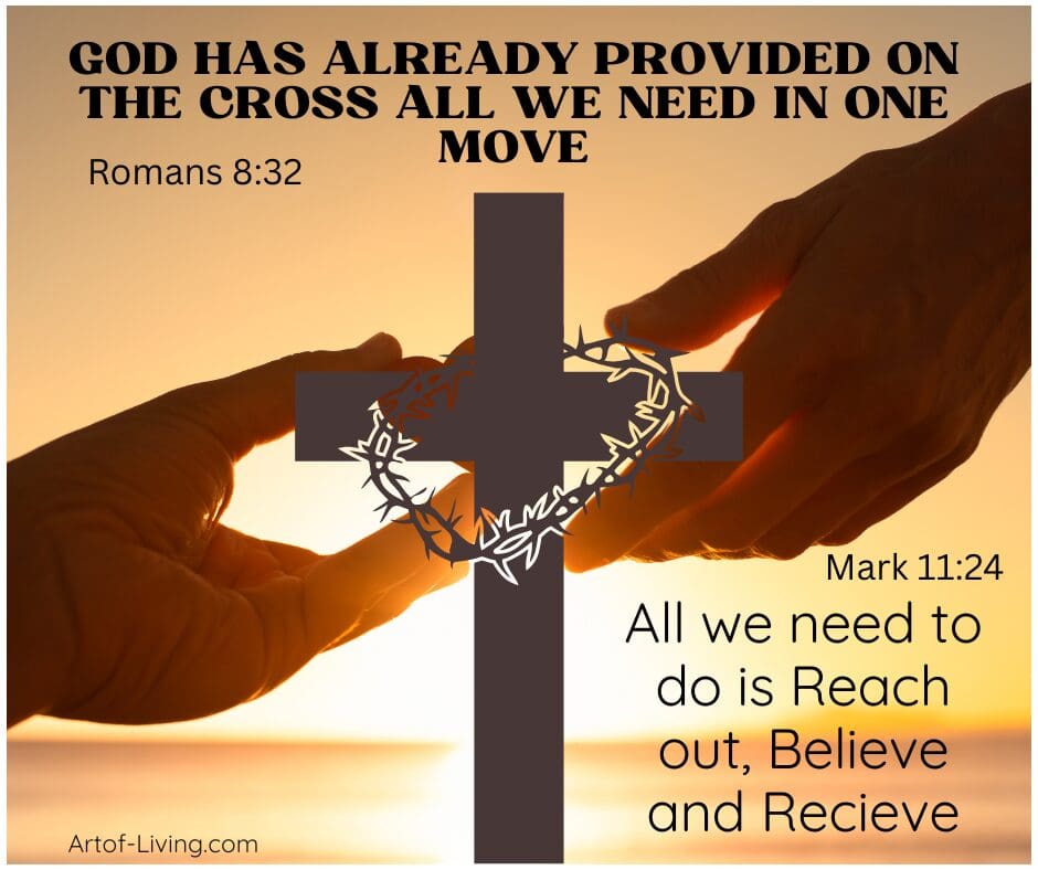 Hands reaching toward cross with crown of thorns