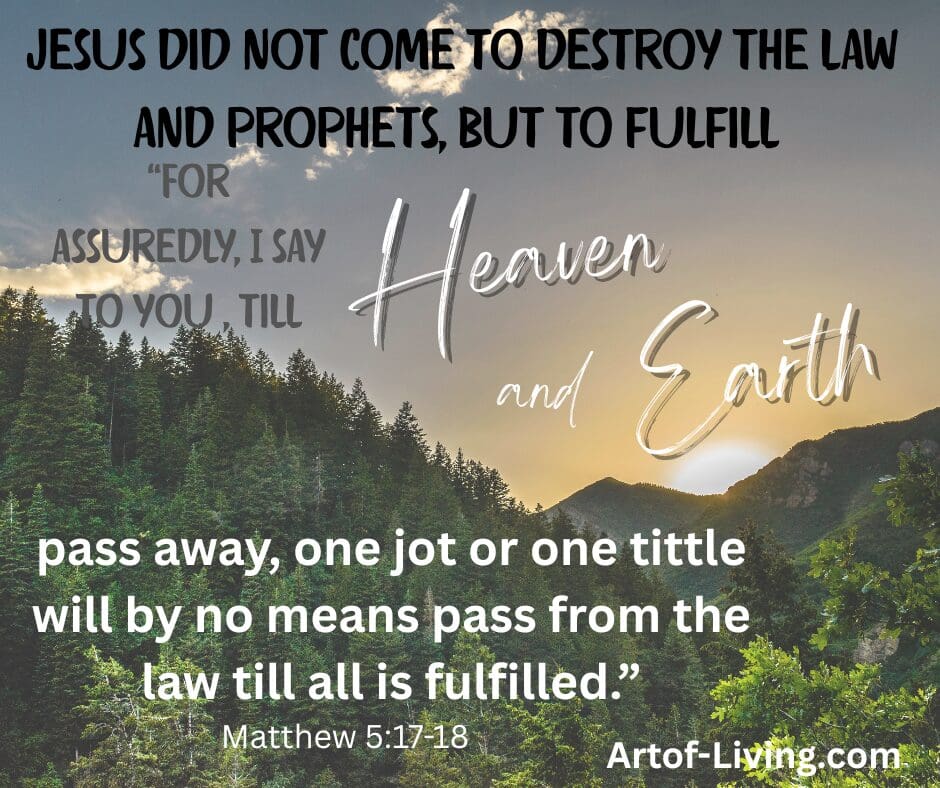 Sunset over forested mountains with Bible verse