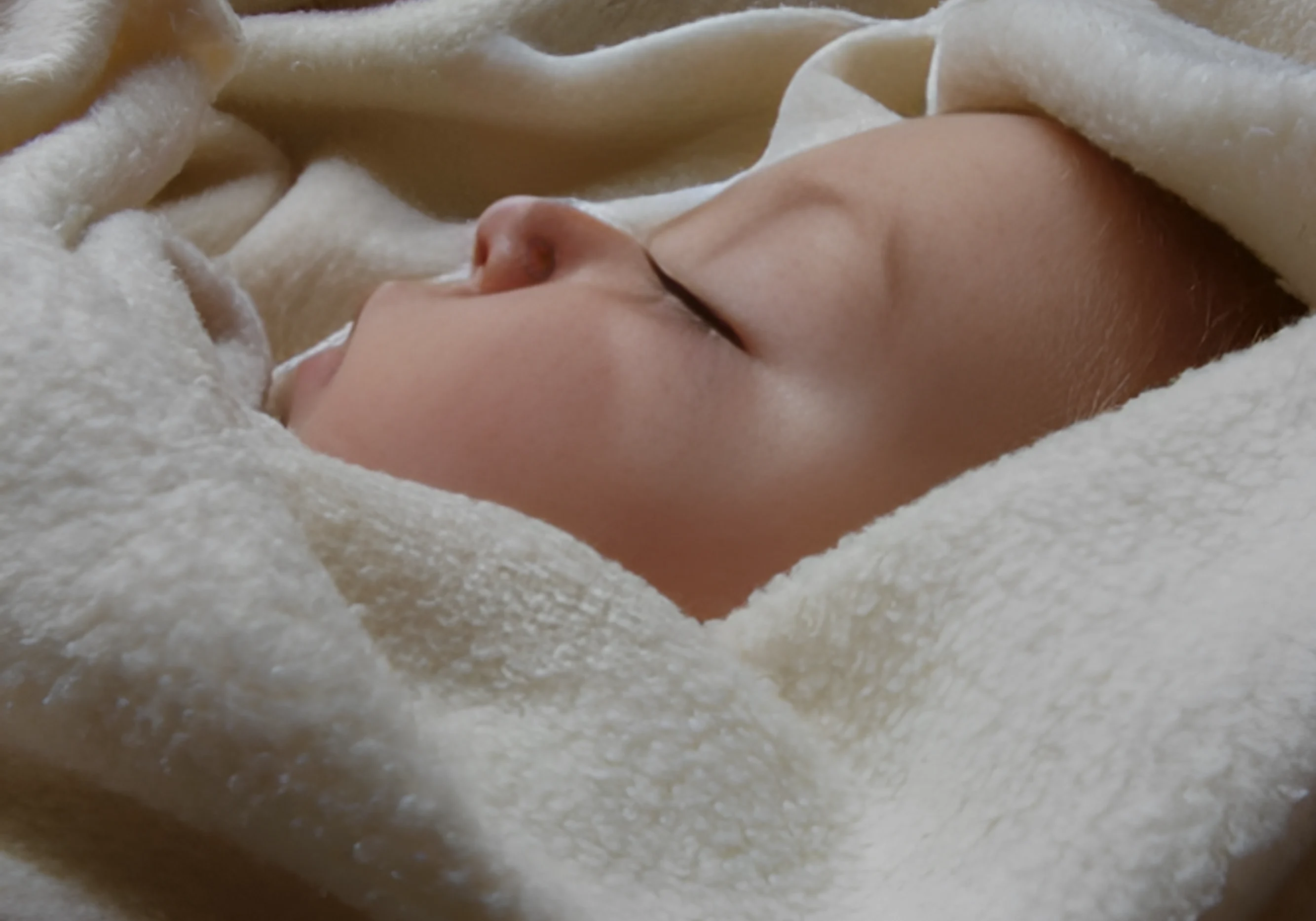 A sleeping baby wrapped in a soft, white blanket.